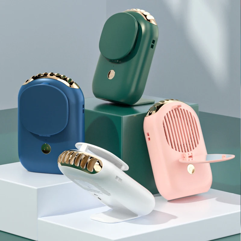 

Mini Neck Fan With Make Up Mirror USB Rechargeable Fan 2000mA Small Portable Silent for Outdoor Sports Desktop Holder