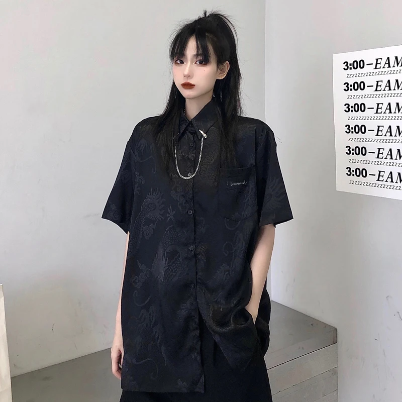 Летняя свободная готическая Черная рубашка для мужчин и женщин с коротким