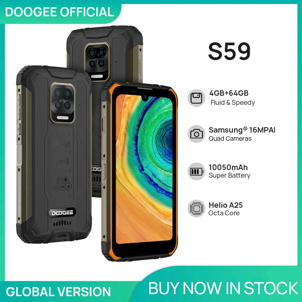 DOOGEE S59 Rugged Phone 10050mAh Super Battery Smartphone 4GB+64GB Cellphone IP68/IP69K 2W Loud Volume Speaker Celular