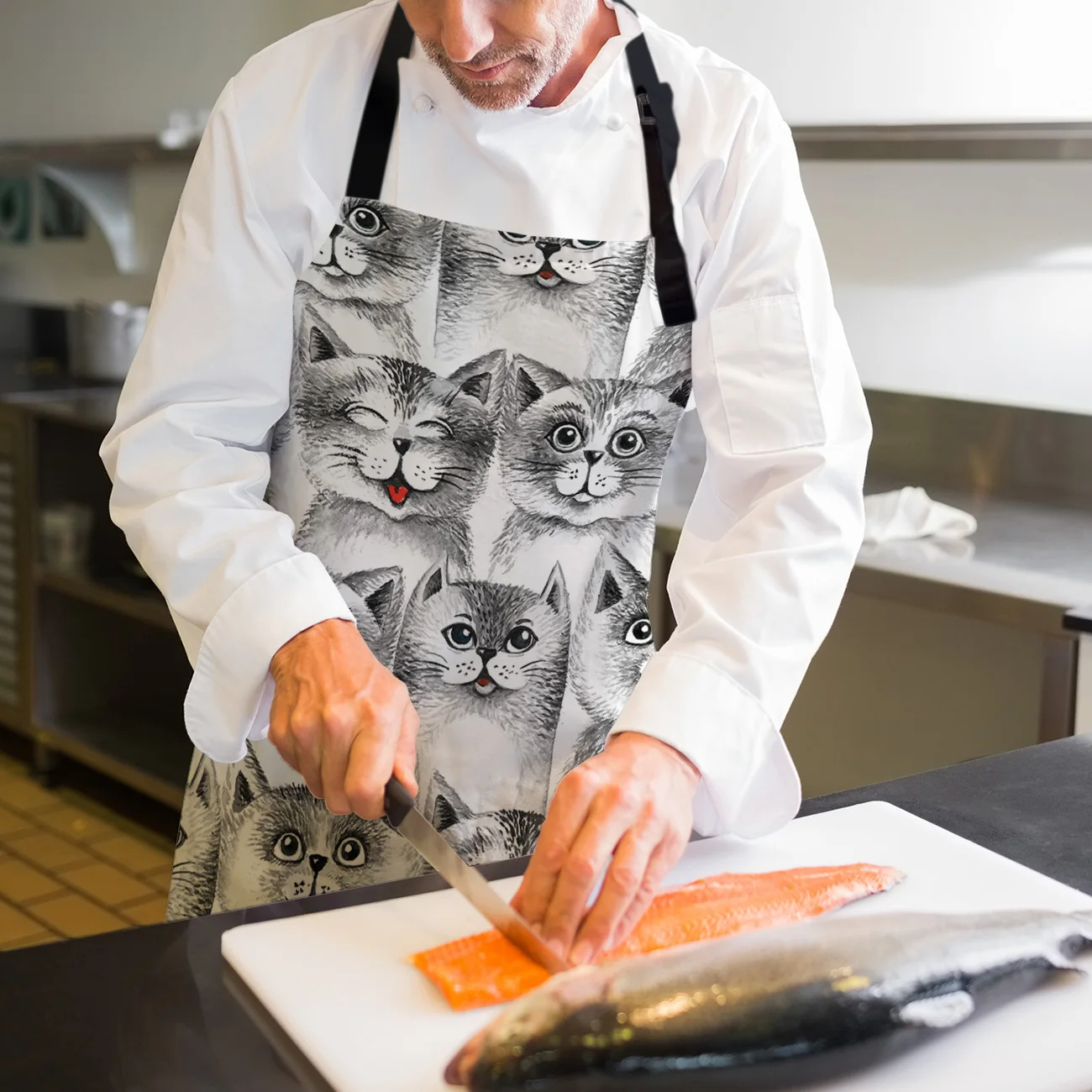 Tophome Кухонный Фартук мультяшный забавный кот Черный Белый Регулируемый без