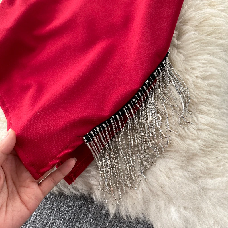 

Women New Autumn Solid V-Neck Elegant Club Night Out Dress Tassels Irregular Strapless Sleeveless Bodycon Party Dress