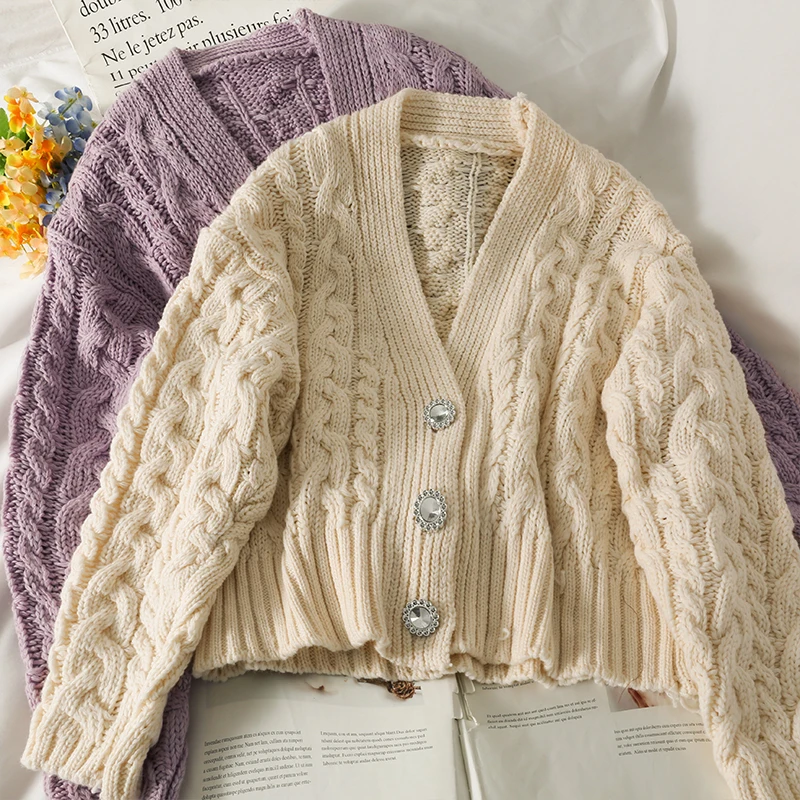 

Зимний плотный свитер, кардиган, модный элегантный вязаный свитер в Корейском стиле, женская короткая верхняя одежда с длинным рукавом