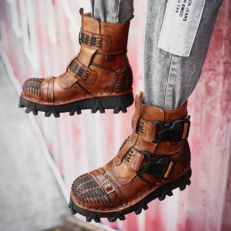 

High Top Boots Men's Genuine Leather Boots Large Size Winter Field Boots Personality Men Shoes