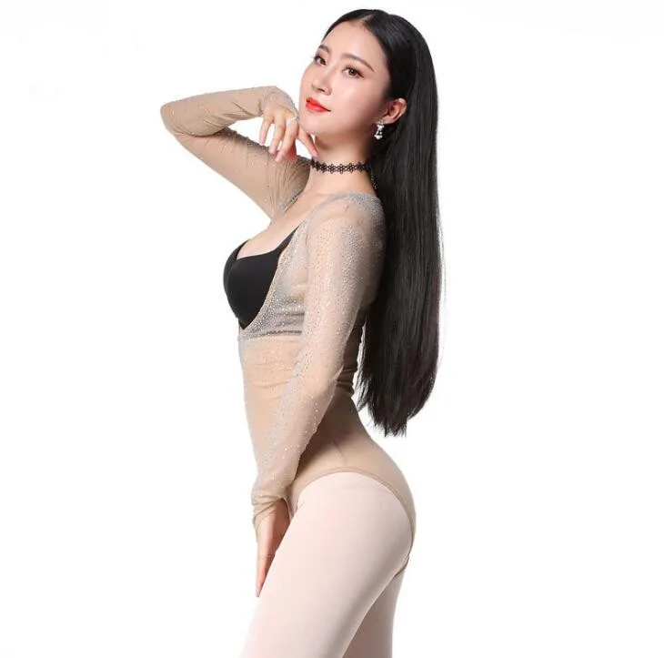 Женское блестящее трико с открытым бюстом топ для танца живота длинным рукавом и