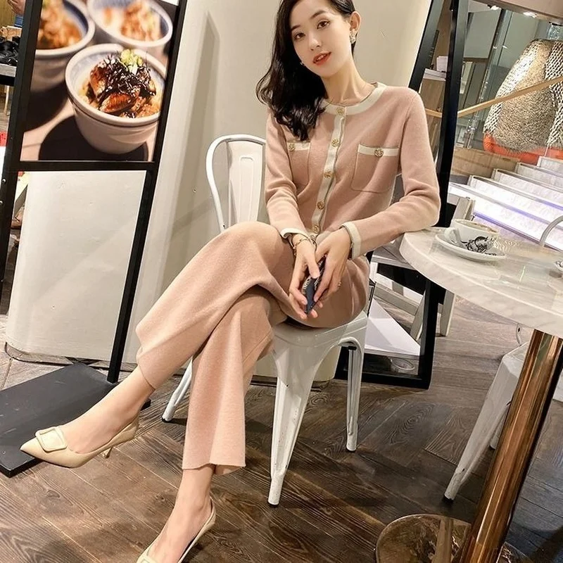

Spring Autumn Women Knitted Tracksuits 2 Piece Sets Single Breasted Cardigan Sweater + Wide Leg Pant Suits Sportswear Set Y425