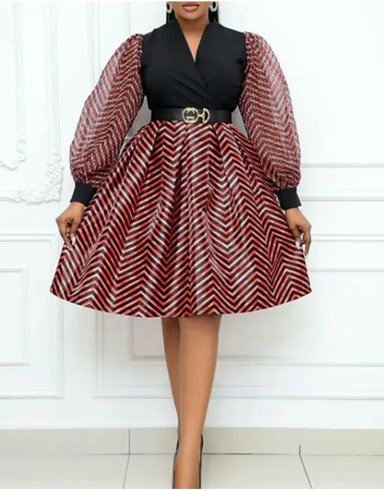 

Summer 2021 New Fashion African Women Long Sleeve V-neck Polyester Dress African Dresses for Women African Clothing No Belt