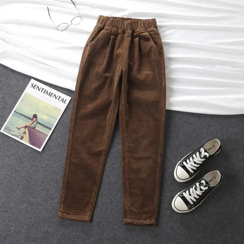 Брюки женские вельветовые с высокой талией шаровары Осень-зима повседневные