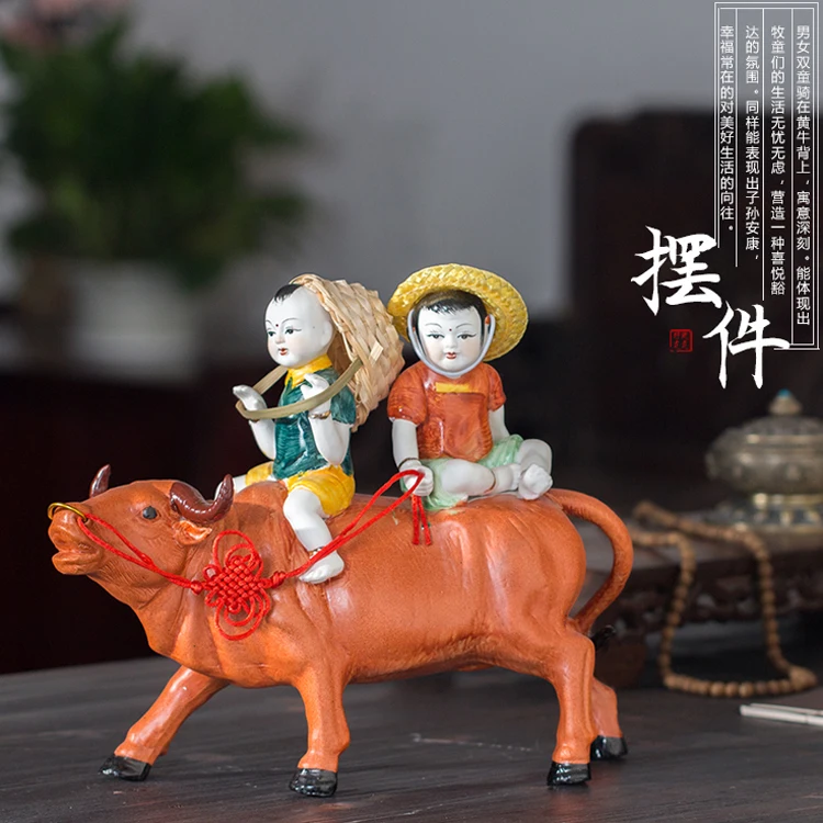 

Ceramic Herdsman Riding Yellow Cattle Crafts Living Room Home Decoration