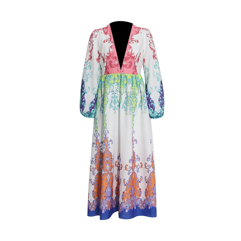 

2021 Summer Autumn Vintage Printed Dresses Women Sexy V-neck Lantern Sleeve High Waist Slimming Fashion Vacation Maxi Dress Boho