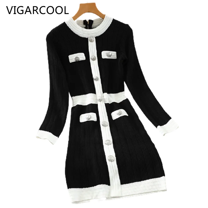 

Autumn fashion Temperament small fragrance knitted Dress round neck slim slimming Hepburn style knitted sexy black Dress Women