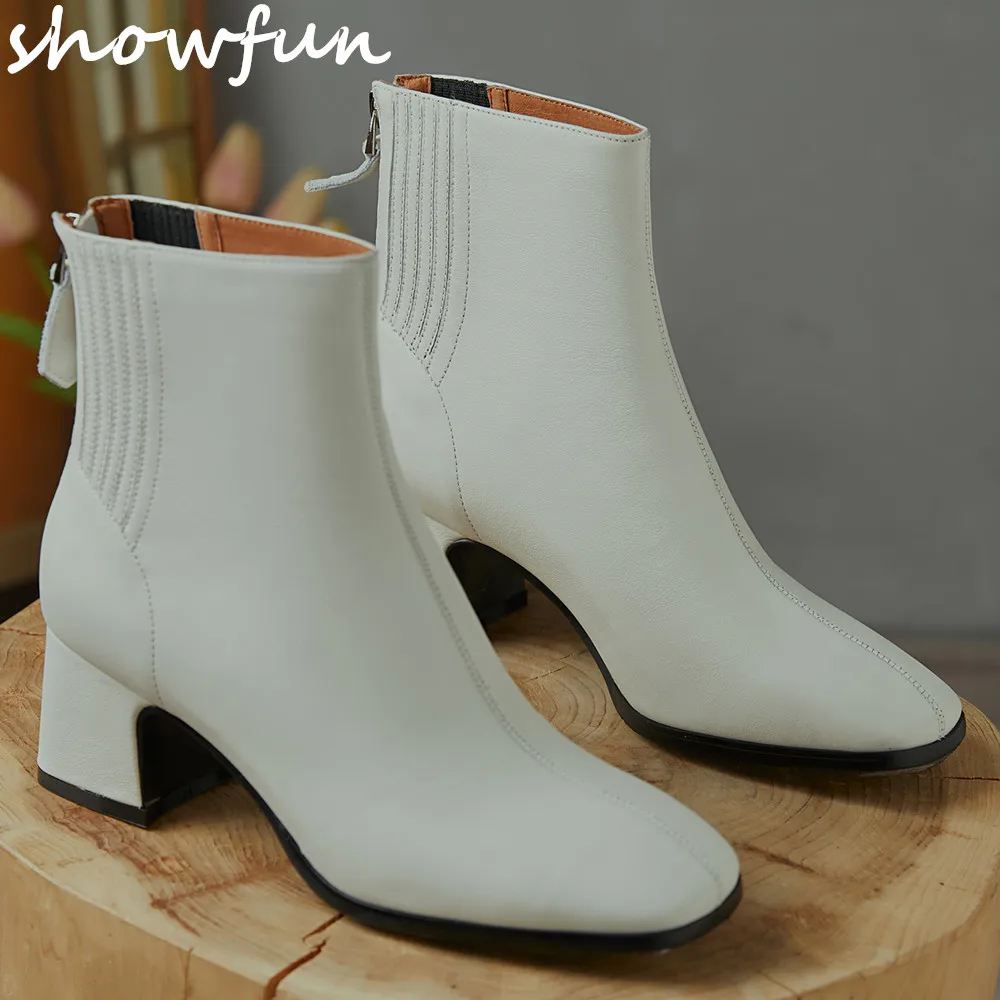 

Women's genuine leather thick high heel autumn ankle boots square toe back zip med heel comfortable short booties shoes women