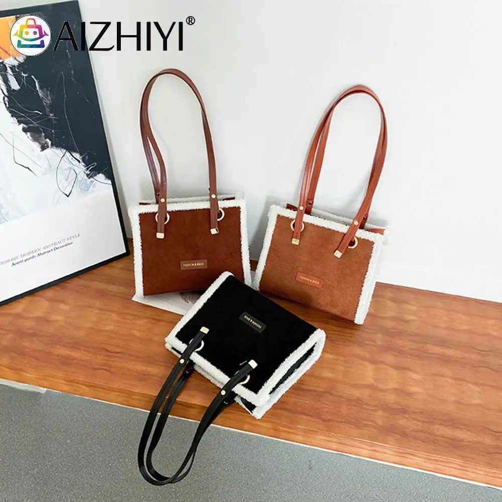 

Retro PU Leather Splicing Shoulder Bags for Women Winter Plush Underarm Small Square Handbag Casual Shopper Tote