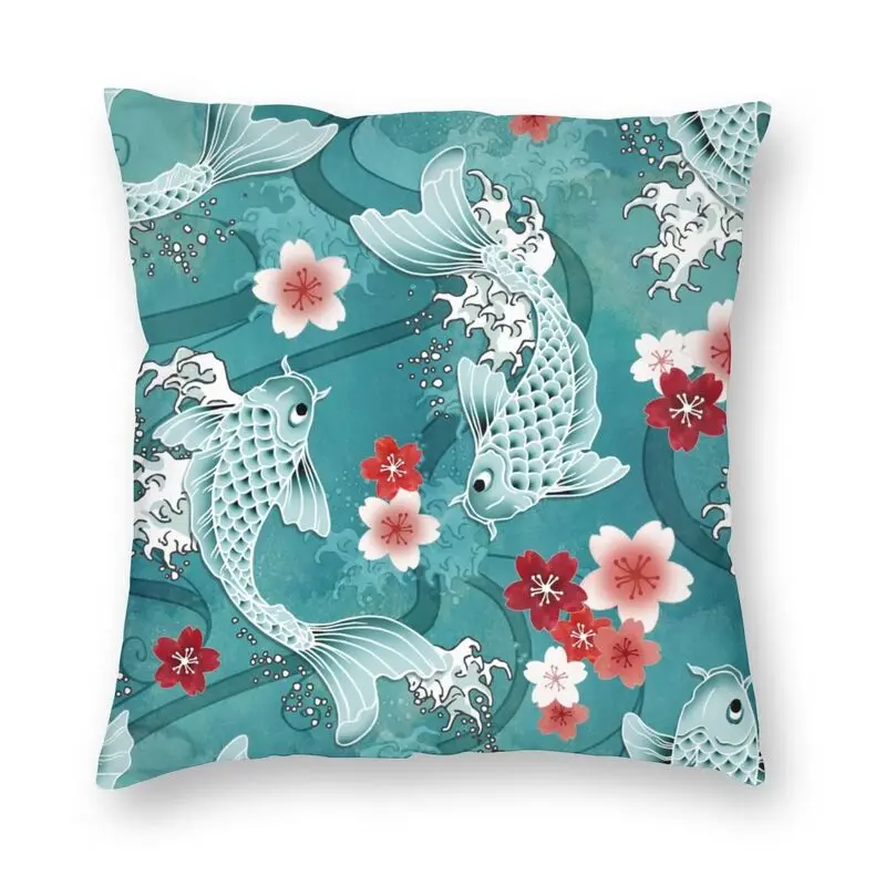 

Cool Koi Fish Sakura Blossom In Turquoise Pillow Case Home Decor 3D Japanese Cherry Flower Cushion Cover for Living Room