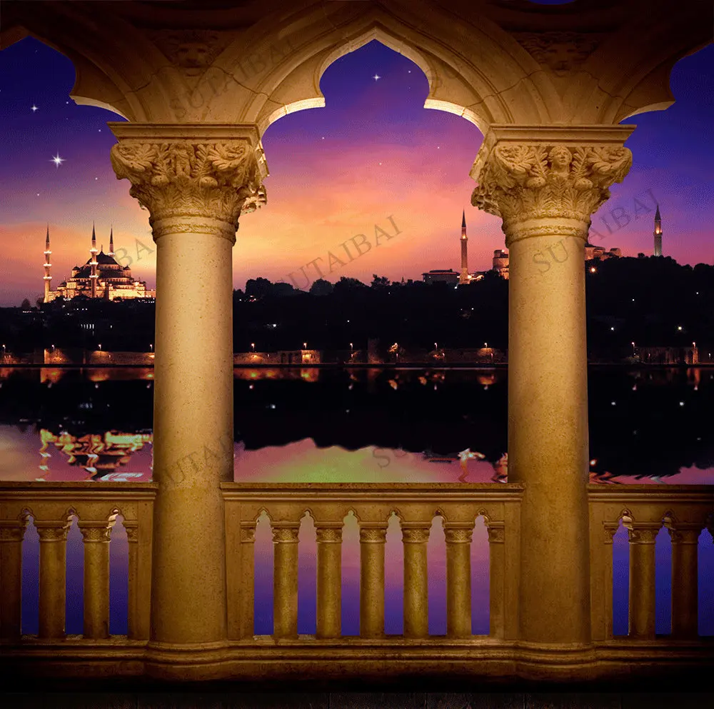

Arabian Nights Portico Moroccan Balcony Column Arab City River Background Vinyl Cloth Computer Print Party Photo Backdrops