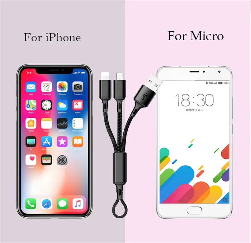 Мини 2 в 1 USB кабель для iPhone Xs Max Xr X 8 7 6 6 S Plus быстрое зарядное устройство Micro USB для samsung S5 S6 S7 Xiaomi шнур для мобильного телефона