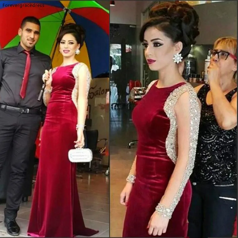 

Элегантное красное бархатное платье для выпускного вечера, с кристаллами, вышитые бисером Длинные рукава