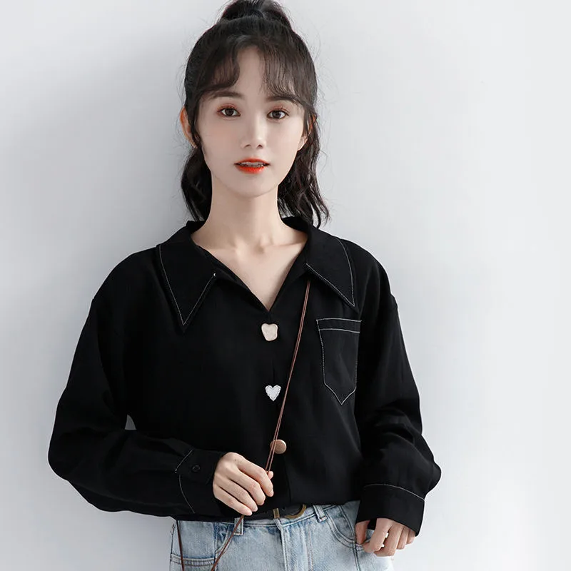 

2022 Black White Women Bottoming Shirt Korean Long Sleeve Retro Hong Kong Style Blouse Women's Casual Tops Blusas Mujer