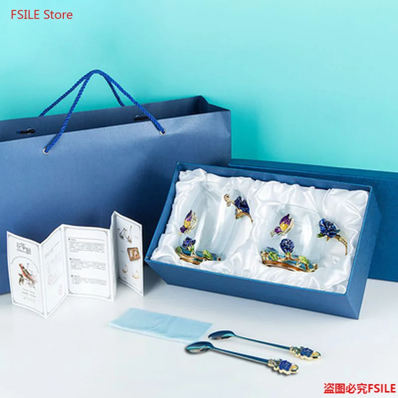 

Blue Rose Enamel Crystal Cup Flower Tea Glass High-grade Glass Water Cup Flower Mug with Handgrip Perfect Gift For Lover Wedding