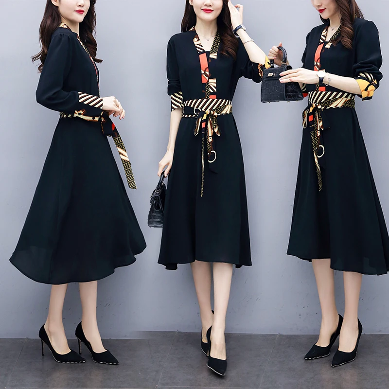 Новинка весны 2020 женское черное платье большого размера с длинным рукавом