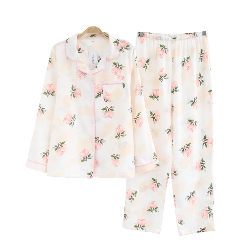 

Women Spring Summer Pajamas Suit Cotton Gauze Long-sleeved Sleepwear Thin Cotton Long Pants Lady Home Dress Soft Home Clothes