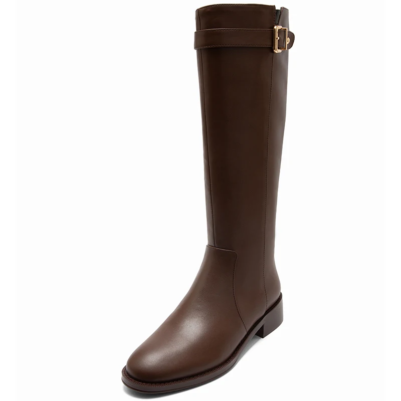 

Genuine Leather Female Knee High Boots Genuine Leather Metal Buckle Platform low square Heels boots Working Shoes Woman