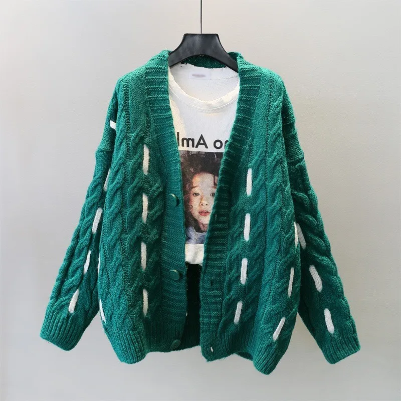 

Fannic Autumn 2020 Loose Twist Weave Knitted Thick Cardigan Single-Breasted V-neck Sweater for Women