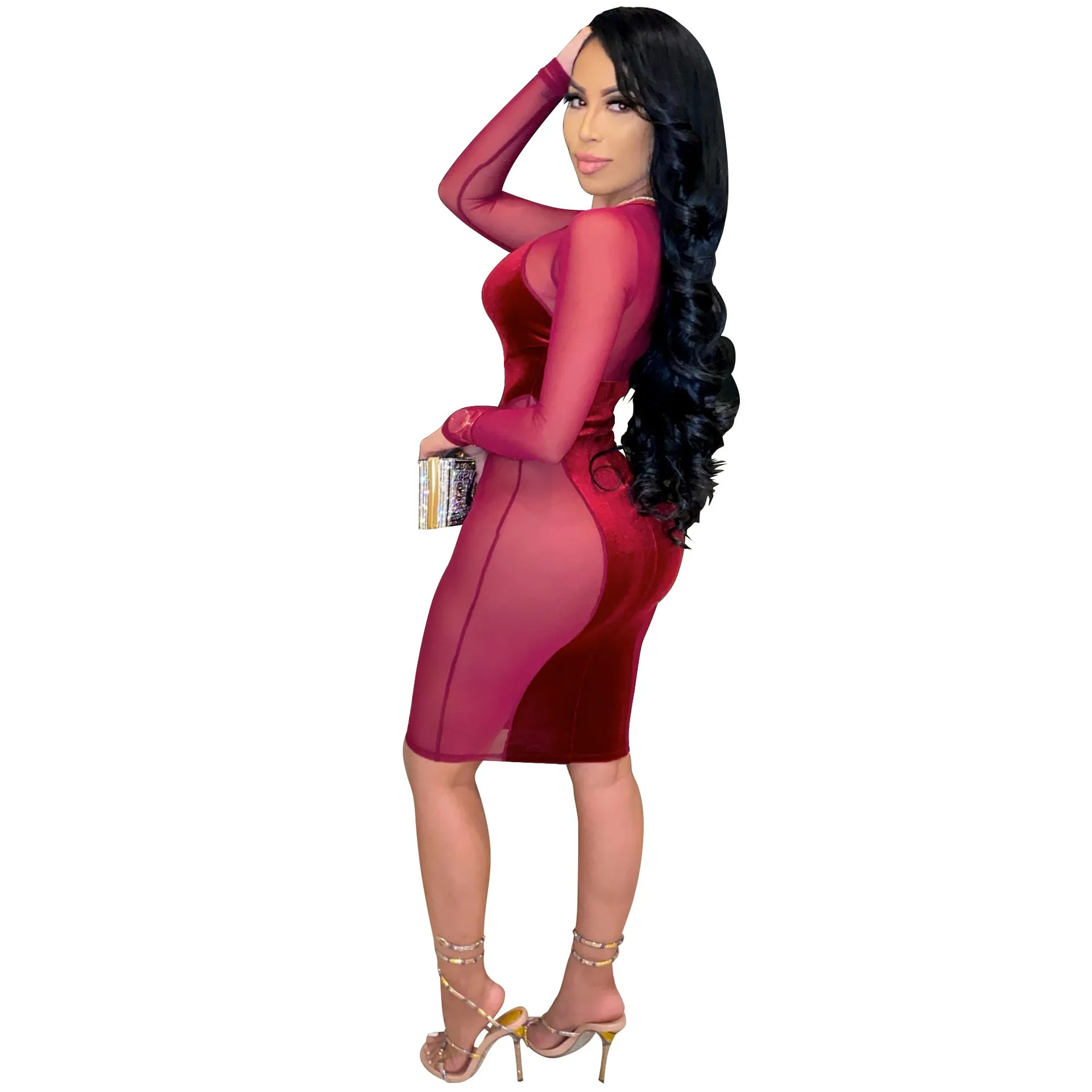 

Fashion Women Velvet Mesh Patchwork O-neck Long Sleeve Knee-length Sexy Bodycon Dresses Women Lady Elegant Vestido