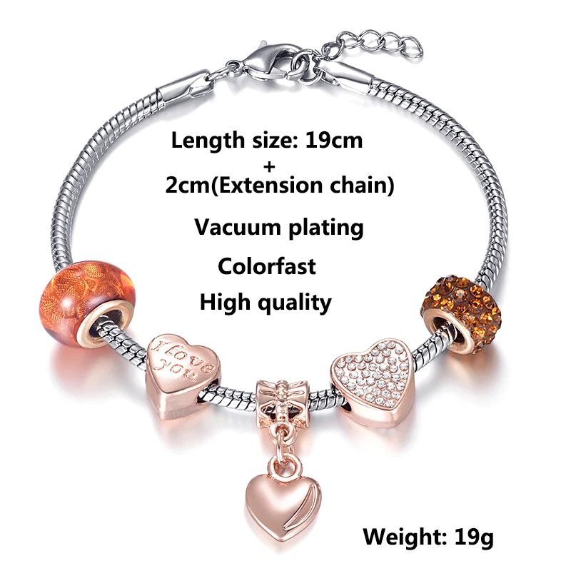 

Fashion Lobster Clasp Charm Bracelet For Women Heart-shaped Crystal Beads Rose Gold Pendant Brand Bracelet Jewelry Gifts