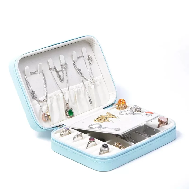 

HOSENG Double Layer European Style Fashion Zipper Bag Necklace Ring Leather Storage Box Travel Jewelry Case HS_3564