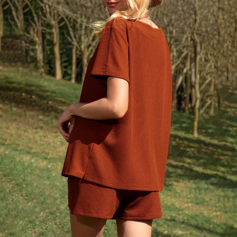 

Women Knitted Ribbed Two Pieces Sets Ladies 2021 Summer Solid O-Neck Short Sleeve T-shirts Suit Female Button Pockets Shorts Set