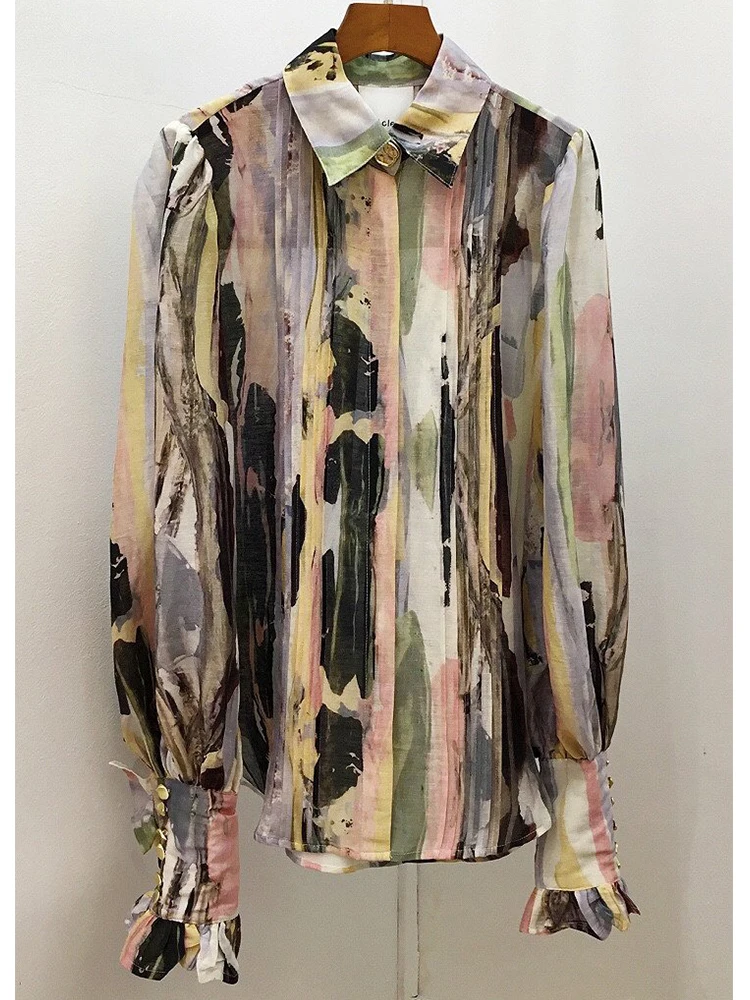 Бесплатная доставка ретро принт металлические пуговицы рукава фонарики длинные