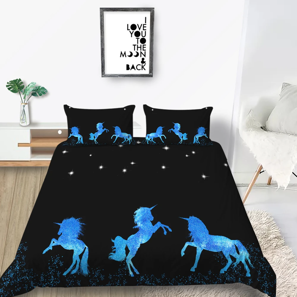 Комплект постельного белья с единорогом фантазийный креативный черный комплект