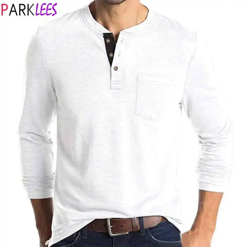 

Men's Long Sleeve Henley Patchwork Collar T Shirt 20220 Brand New Slim Fit Tee Shirt Homme Casual White Mens Tshirt with Chest