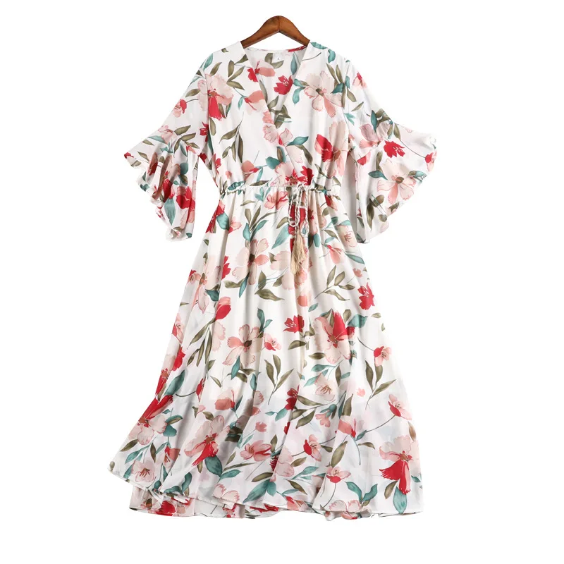 

Summer Vintage Floral Print Woman Dress Large Size V-neck Chiffon Casual Dress Fashion 4XL 5XL Plus Size Party Dress Vestidos