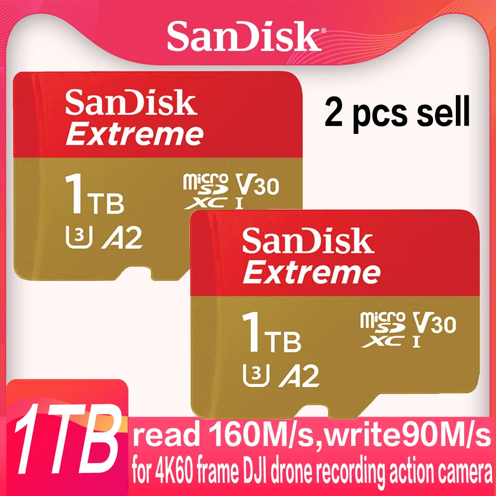 Карта памяти SanDisk A2 U3 V30 Extreme MicroSD 2 шт. 1 ТБ 512 ГБ 400 256 128 64 32 A1 для DJI drone с рамкой 4K60 |