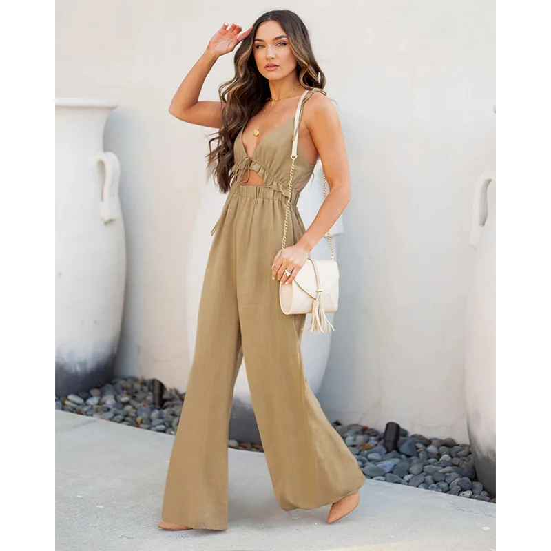 2021 summer in Europe and the new women's clothing and leisure pure color v-neck jumpsuits sleeveless wide-legged pants
