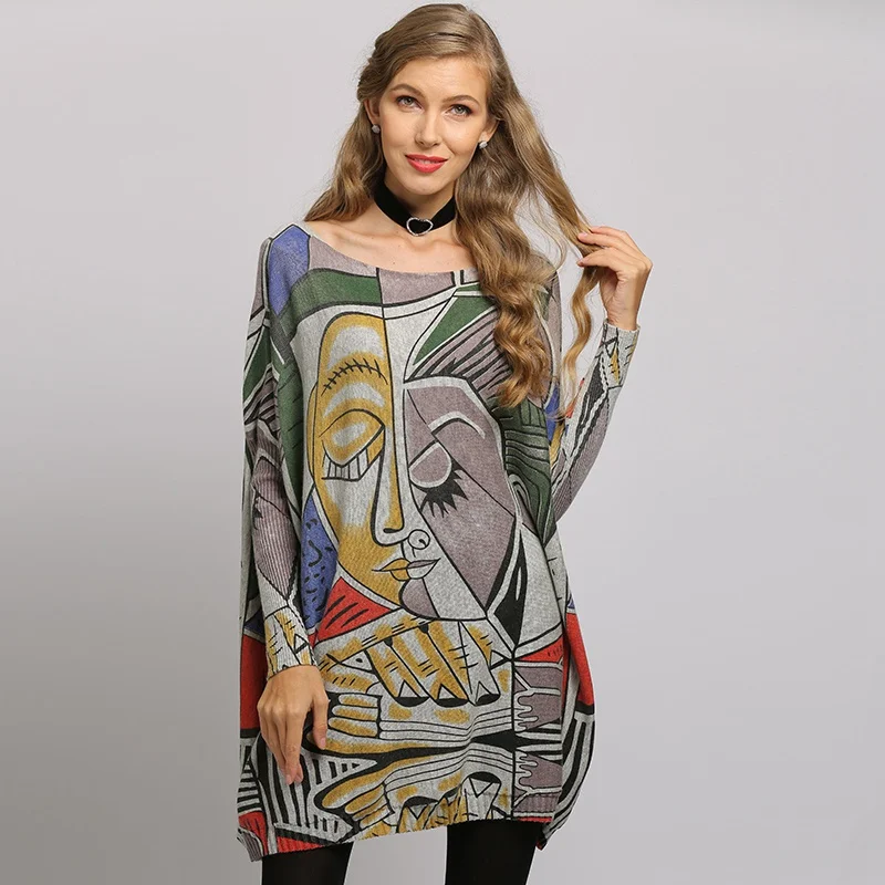 Women Oversized Sweater Printed Long Batwing Sleeve Pullovers and Sweaters Womens O Neck Knitted Casual Clothes | Женская одежда