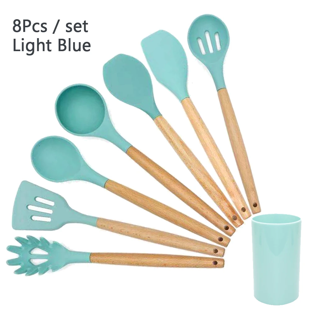 

Best Silicone Cooking Utensil Set Wooden Handle Spatula Soup Spoon Brush Ladle Pasta Colander Non-stick Cookware Kitchen Tools