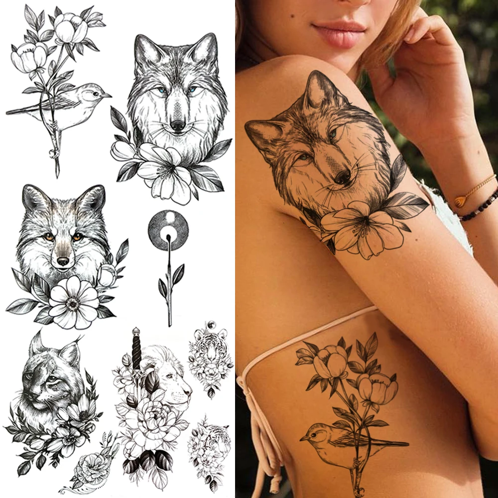 

Realistic Fake Wolf Temporary Tattoos For Women Men Black Flower Lion Cat Tiger Tattoo Sticker Sword Bird Armband Tatoos Adults