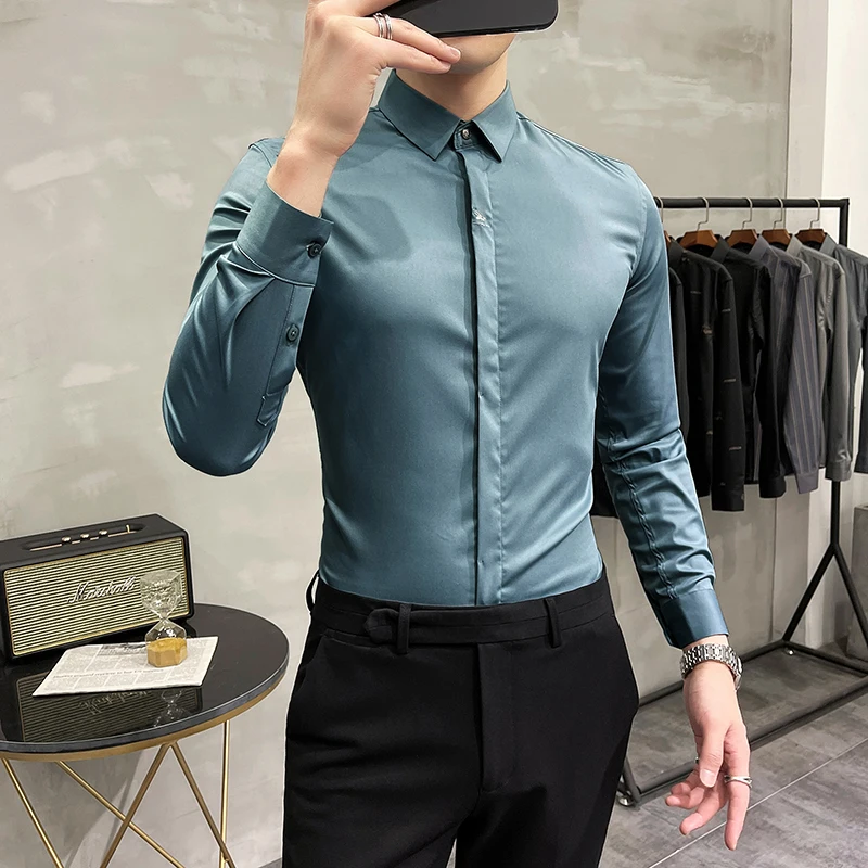 

Men's Embroidered Slim Shirt Men's Long Sleeve 2021 New Korean Style Black Trendy Shirt Formal Wear Casual