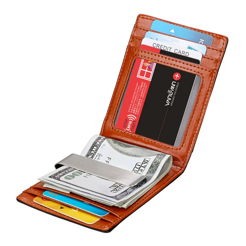 

Genuine Leather Credit Card Wallet Men Metal Money Clip Mens Slim Bifold Wallet Cash Clamp Banknote Card Holder Purse For Women