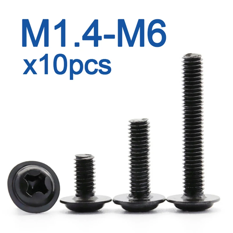 10 шт./лот M1.4 M2 M2.5 M3 M 3 5 M4 M5 M6 PWM черные винты с круглой головкой шайбой фиксированные