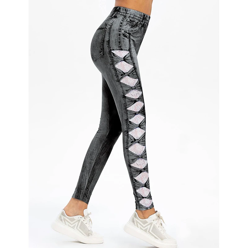 Women Denim Jeans 3D Print Lace Bowknot Skinny Jean Jeggings High Waist Ninth Pencil Pants Slim Leggings Distressed Trousers | Женская