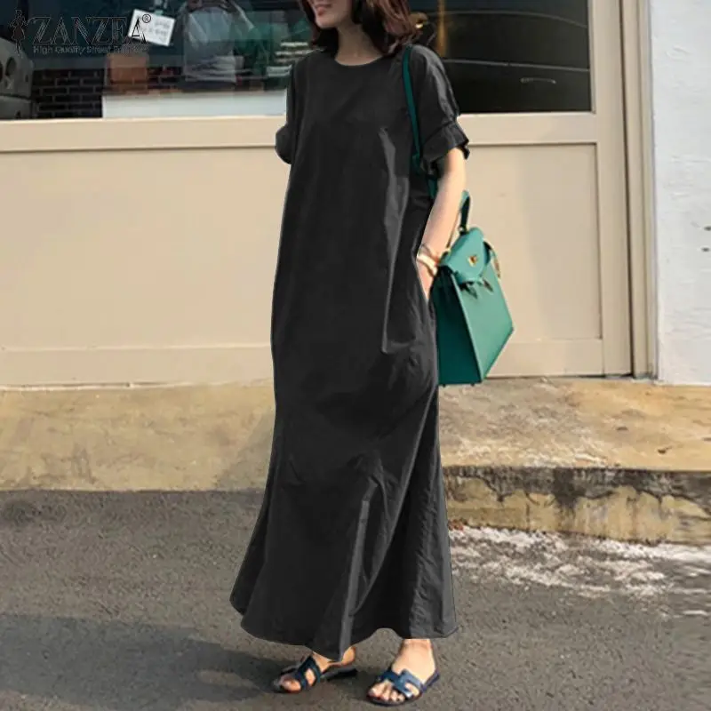 Летний сарафан для женщин от ZANZEA повседневное однотонное хлопковое льняное