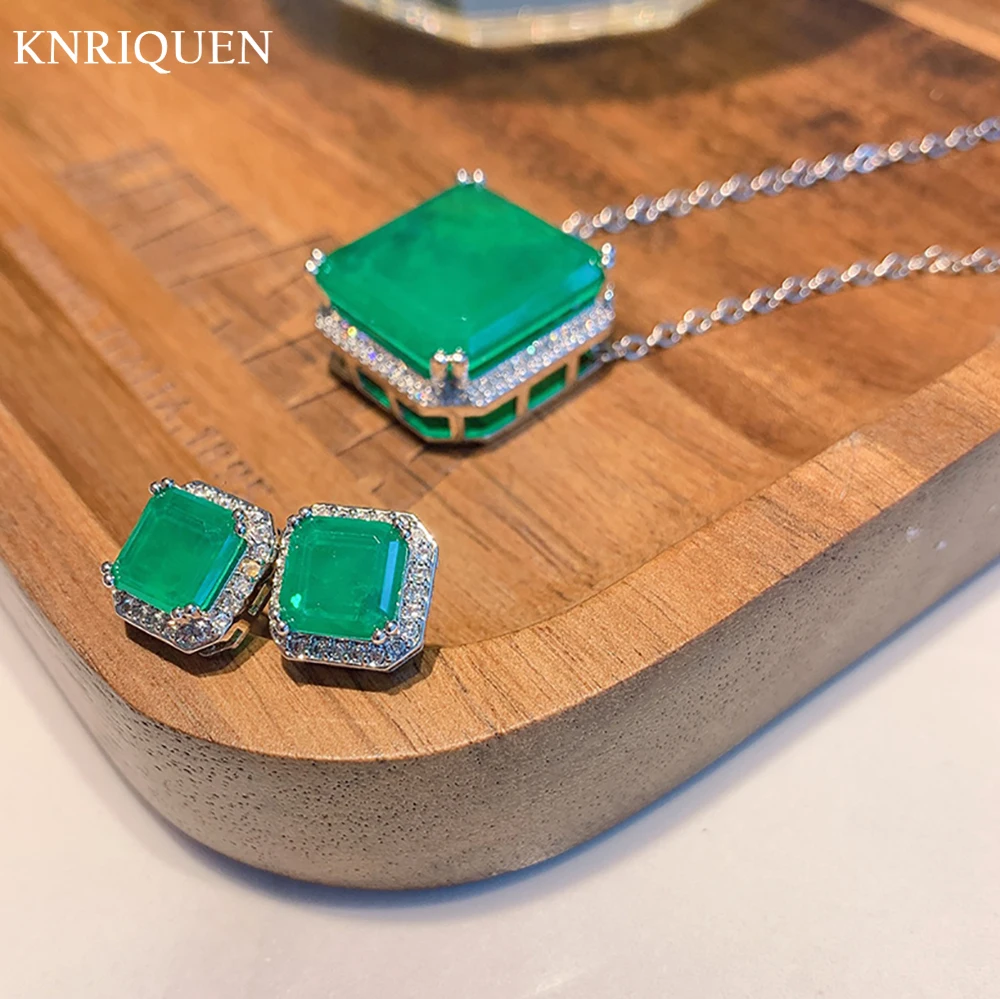 

Charms 925 Sterling Silver Square Emerald Gemstone Pendant Necklace Earrings for Women Vintage Party Wedding Jewelry Sets Gift