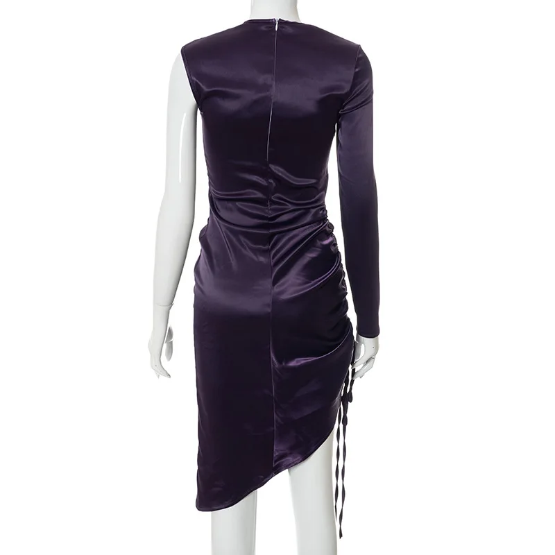 

Sexy One Shoulder Drawstring Ruched Bodycon Dress Women Solid Long Sleeve Mid-calf Night Club Party Dress
