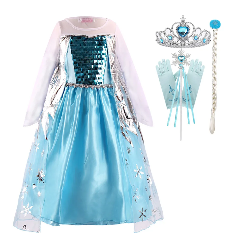 

Elsa Girls Princess Dress Children Blue Green Snow Queen Costume With Gloves Wig Kids Halloween Carnival Birthday Party Clothes