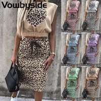 leopard casual fashion summer womens dress sets sleeveless round neck top slim skirt two piece suit