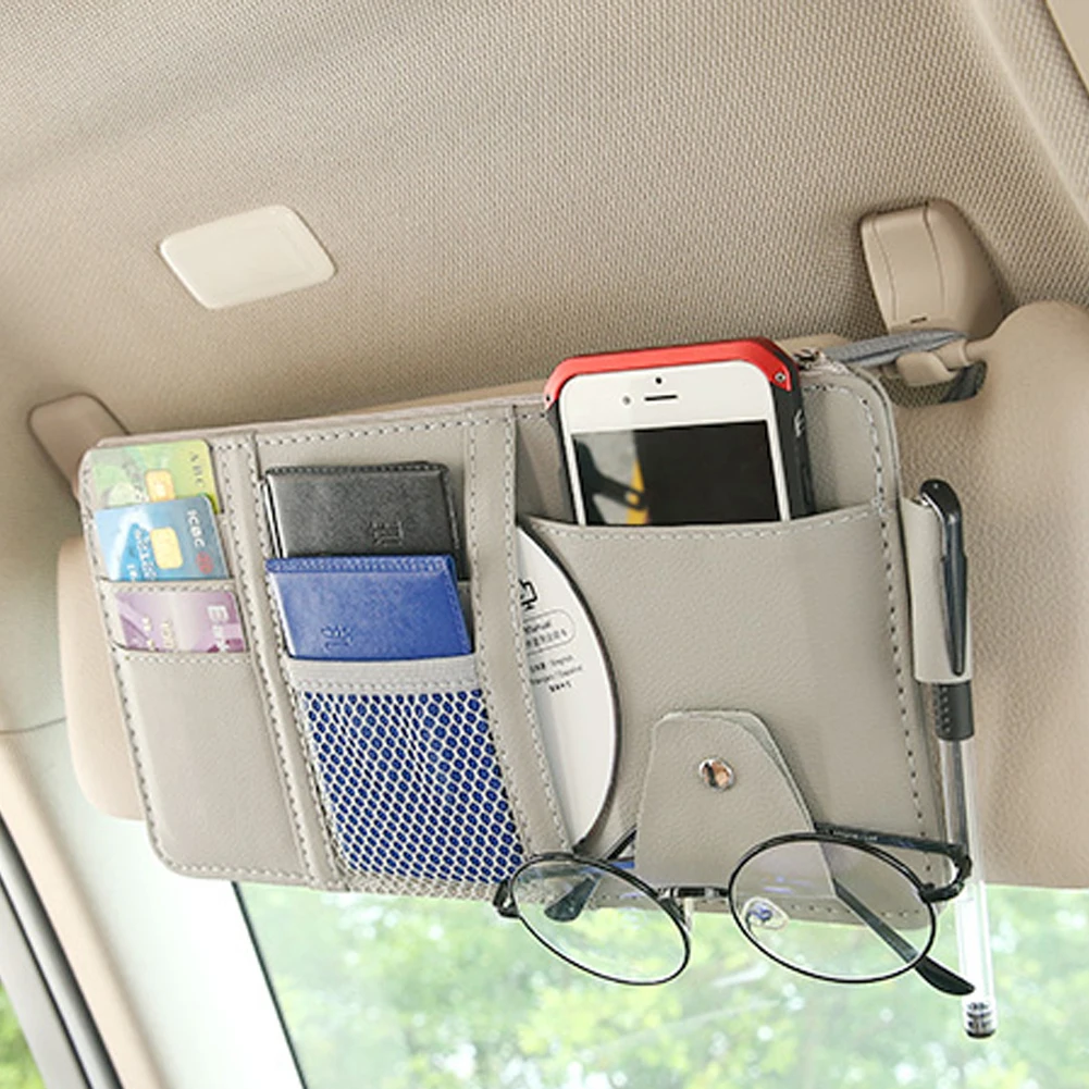 

Faux Leather Car Sun Visor Storage Bag Glasses Ticket Mobile Phone Organizer