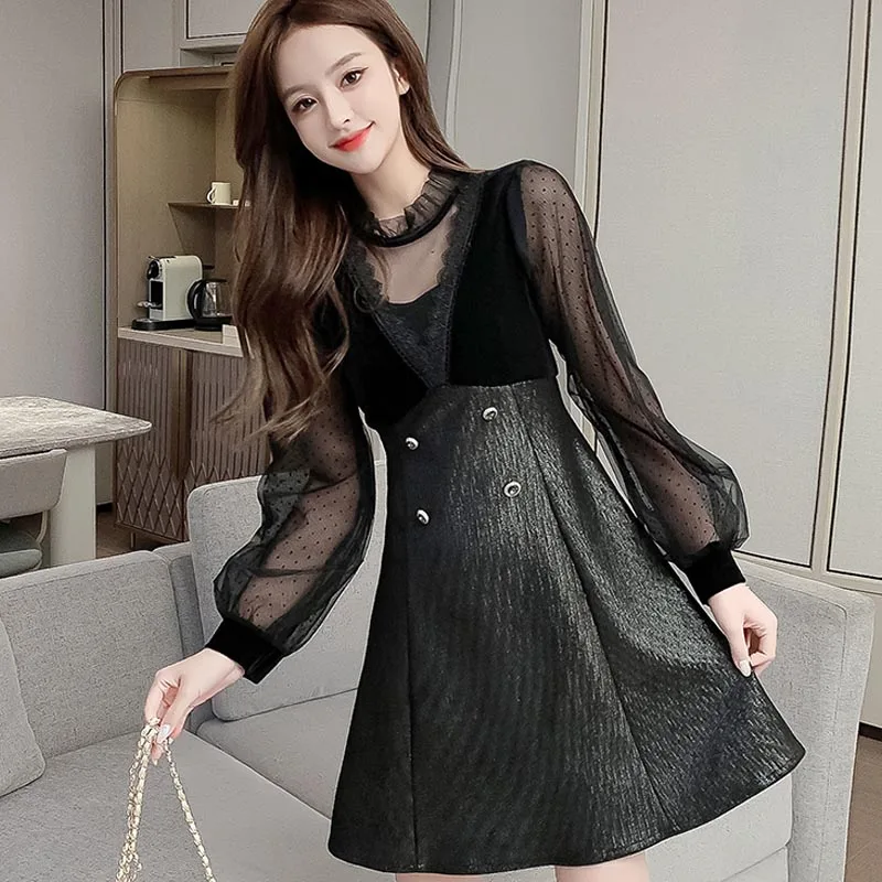 

One-Piece 2021 New Korean Style Spring Chic Dress French O-Neck Velvet Splicing Hollow Out Dress Slim Was Thin Temperament Dress